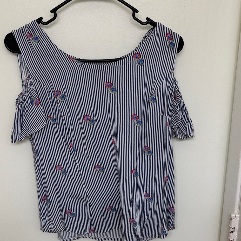 Striped Cold Shoulder Top with Floral Embroidery